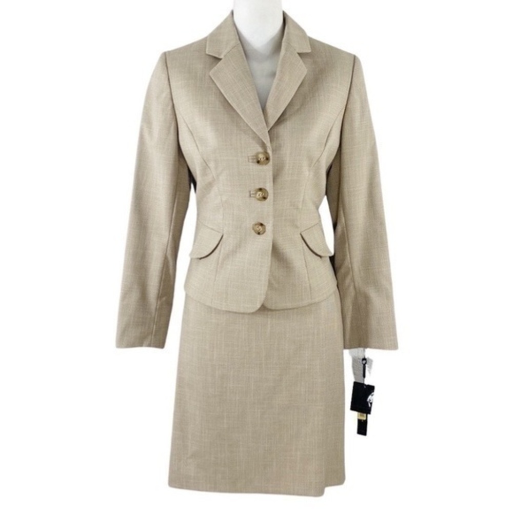 NWT Tahari Gregory Graphic Beige Tan Blazer Skirt Set 4P 4 petite